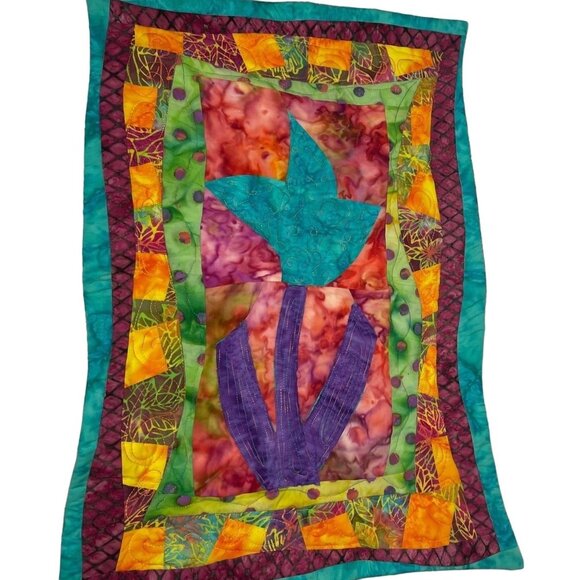 Handmade Tulip Floral Quilted Wall Hangings Place Mats Purple Teal Batik Fabric - Picture 2 of 11